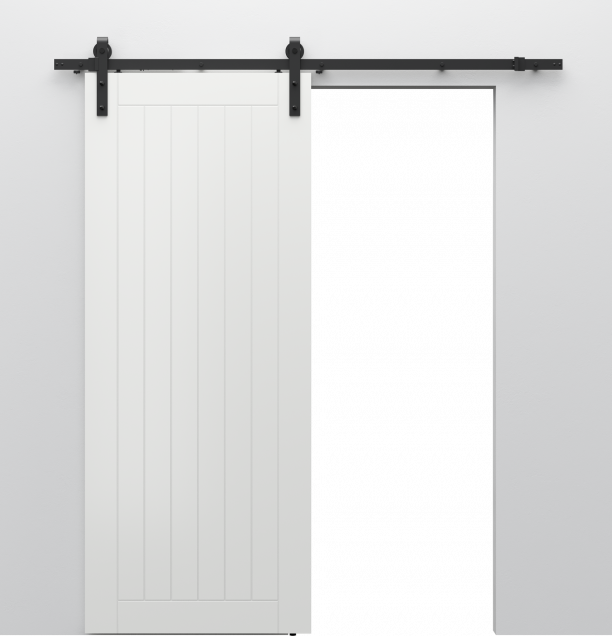 Porta de correr branca com sistema BLACK REA e calha preta visível