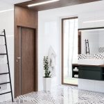 Porta Natura Space G.1 em folheado natural Carvalho castanho, com vidro vertical mate, num ambiente interior