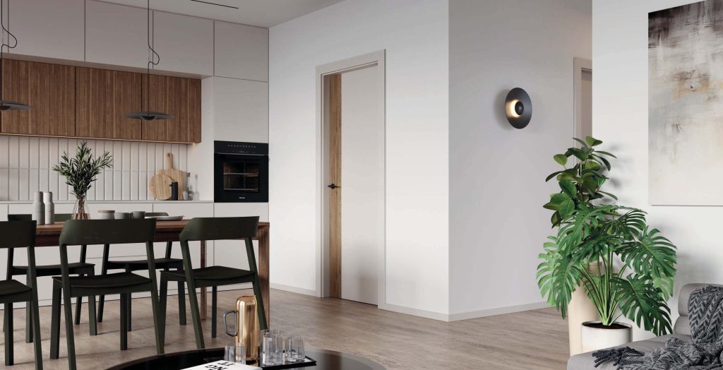 Porta DUO 4.0 em Caxemira com painel estreito em Carvalho mate escuro, num ambiente interior